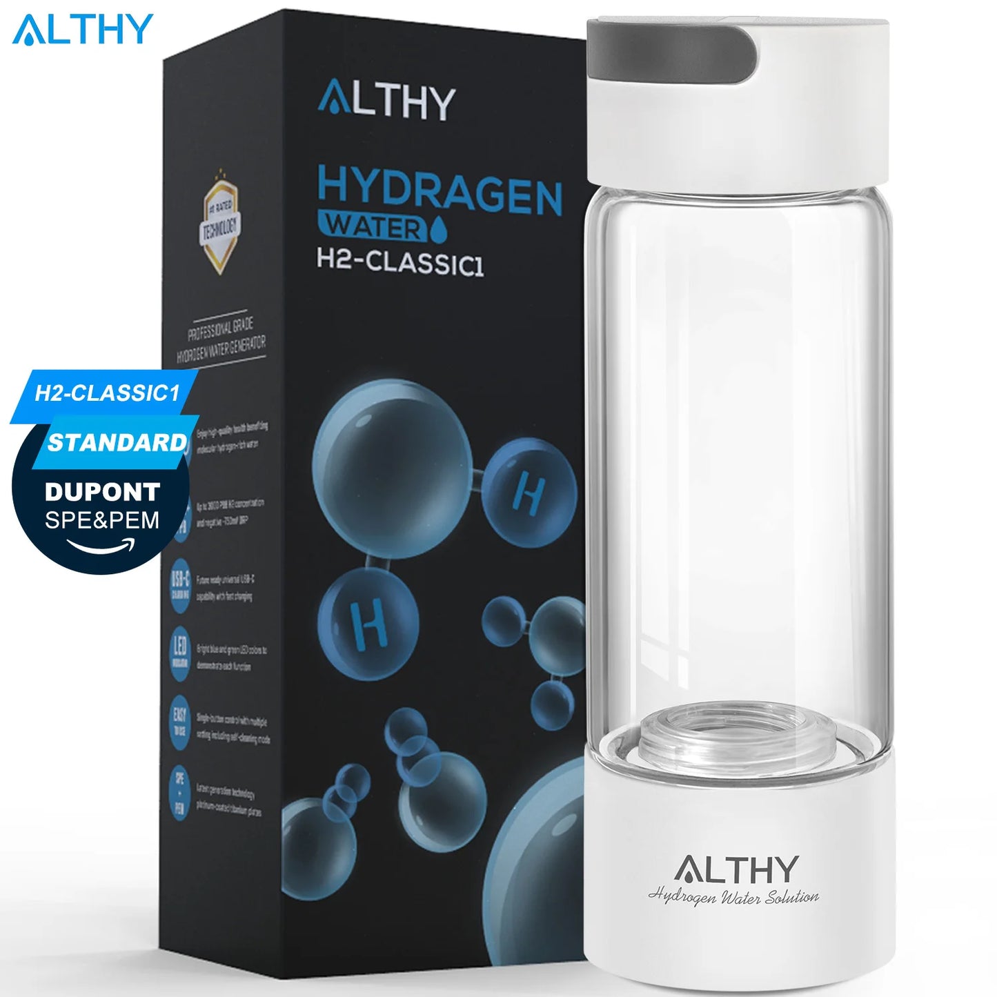 ALTHY Hydrogen Rich Water Generator Bottle Cup - DuPont SPE PEM Dual Chamber Maker lonizer - H2 Inhalation device